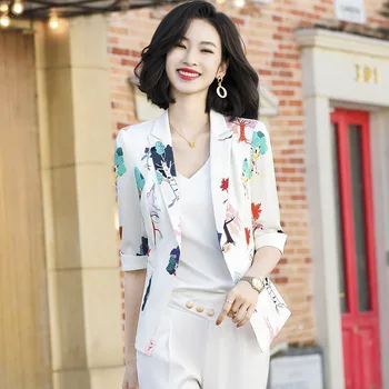 Пролет-лято корейски всекидневни женски бизнес блейзър, сако с принтом, модерен костюм на един пуговице с нередовни ръкав три четвърти, работни върховете