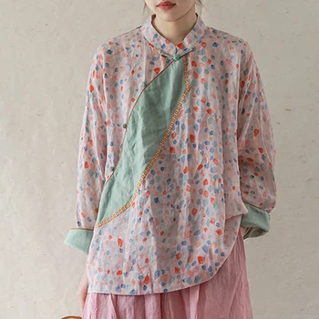 Johnature, дамски ризи и блузи в китайски стил, Рами, летни блузи-часова, новост 2023, висококачествена реколта женска риза с флорална принтом
