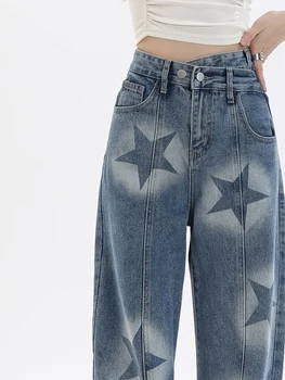 2023, пролет-лято, женски нови дънкови панталони с висока талия, нередовен дизайн, женски реколта дънкови панталони с принтом звезди, градинска дрехи, шик