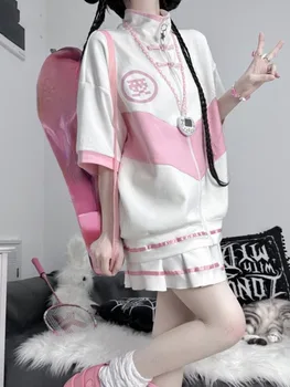 Блузи с качулка на цип в японски стил в контрастен цвят с писмото принтом + Сладки ежедневни плисирани поли Y2k, летен комплект от две части