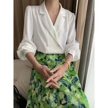 Модерна дамска риза с двойни копчета, ръкавите-фенери, официални ежедневни дамски потник, блуза, дрехи