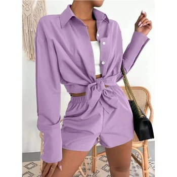 2023 Лятна блуза с дълъг ръкав и копчета, комплект от 2 теми, дамски дрехи, ежедневни риза и къси Панталони, женски ретро костюм-двойка 26310