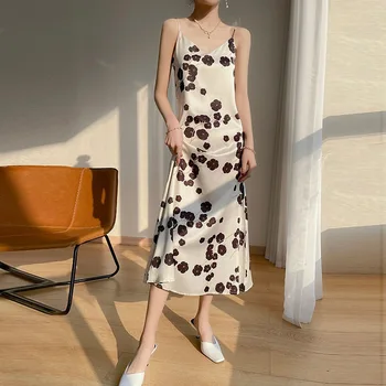 2023 Лятно Нова рокля-комбинация от ацетат коприна и сатен, дамско елегантно френско рокля от коприна тутового на цвят, с дълги ръкави и отворени рамене