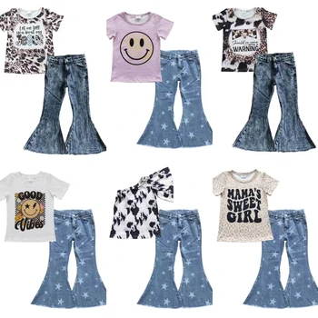 Продажба на едро, деним комплект, детска риза с къси ръкави за деца, тениски, дънкови панталони-клеш, детска леопардовая дрехи в западен стил
