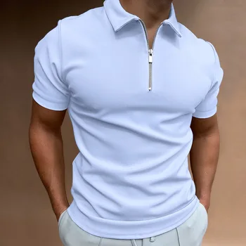 2023 Нова мъжки однотонная риза с къси ръкави с цип, памучен риза с къс ръкав райе, мъжки удобна тениска за спорт през свободното време