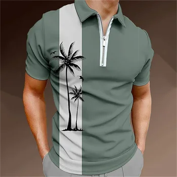 Тениска поло с цип с принтом кокосова палма за мъже, летен тренд, блузи в стил харадзюку оверсайз с къс ръкав, бизнес и ежедневни облекла за голф
