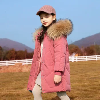 Пуховое палта за момичета, детски зимни якета-паркове 2018, топли палта за момичета, кожа яка, връхни дрехи с качулка за момичета RT208