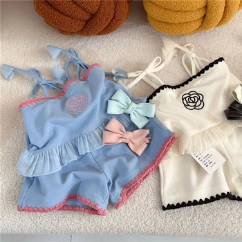 Сладък летен комплект дрехи за деца и момичета, Новост 2023, детски тениски, къси панталони, комплекти, дрехи от 2 теми, синьо-бялата домашно облекло, облекло в корейски стил