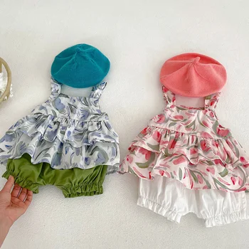 Летни Дрехи за Новородени Момичета, памук Жилетка без ръкави с цветен принтом + Шорти, комплект дрехи за новородени Момичета