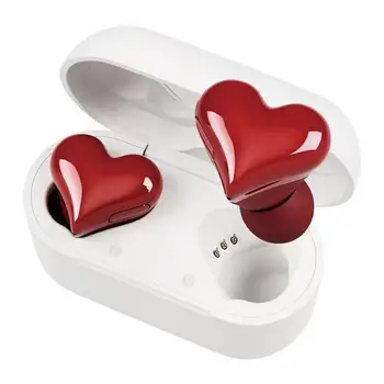 Безжични слушалки в ушите във формата на сърце с зарядно калъф, бас стереозвук, водоустойчив Bluetooth слушалки, IPX4, женски