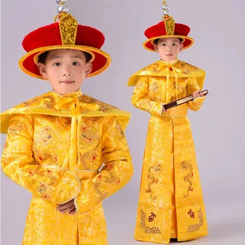 Висококачествен Китайски костюми за момчетата с пайети, детски китайски костюм за съвместна игра с дракон, детско имперско сценичното си представяне с шапка