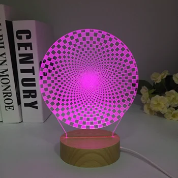 Абстрактна цветен градиент 3D настолна лампа, led акрилни стереолампы, творчески USB-сензорни led лампи, дървени трапезни кръгли led светлини